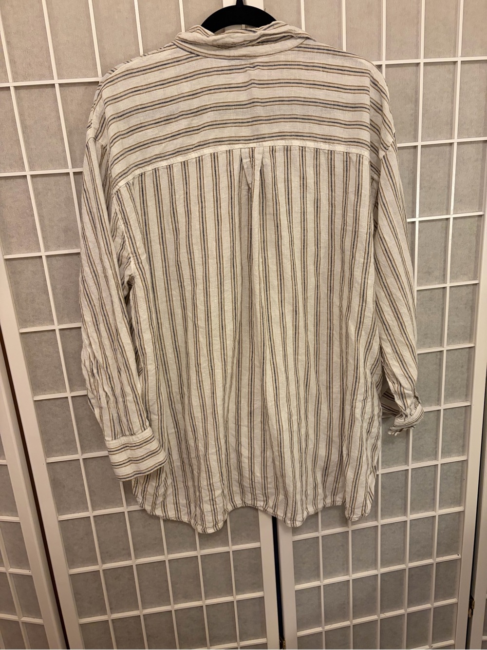 Linen Blend Loose Button Down Neutral Stripe Boyfriend shirt - Picture 3 of 11